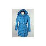 Warm Fur Hooded Womens Long Down Coat Blue With 100% Taffeta Lining