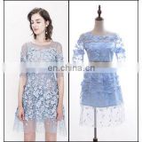 Beautiful fashion girl short sleeve light blue hollow lace transparent dresses