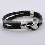 Mens Black Double Leather Bracelet With Stainless Steel(FB20025) thumbnail-1