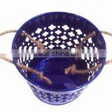 Blue Color Galvanized Metal Planter Pot With Jute Handle for Garden & Home thumbnail-3