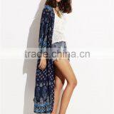 Custom Print Own Design Wholsale Bulk Women Fashion Beachwear Longline Navy Paisley Print Chiffon Kimono thumbnail-5