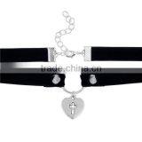 Velveteen Halloween Choker Necklace Antique Silver Black Heart Cross 34cm Long thumbnail-2