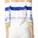 Fashion Design Women Printing Ruffle Tops Cold Shoulder Saree Blouse thumbnail-5