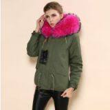 2016 Fashion Parka Jacket Faux Fur Lined Raccoon Fur Collar Rose Red Parka