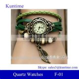 Traditional classic style Quartz watch for women with leather strap, bronzed watch case