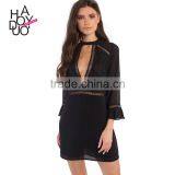 HAODUOYI Sexy Soild Black Women Dress Butterfuly Long Sleeve Lace Stitching Hollow Out Deep V-neck Vestidos for Wholesale thumbnail-1