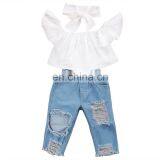Plain White Fly Sleeve Top Matching Denim Pants 2pcs Girls Suit Factory Direct Sale thumbnail-1