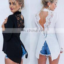 Wholesale Custom Women's Tops New Fashion Western Style Backless Lace Splicing Lapel Long Sleeve Irregular Chiffon Shirt thumbnail-3