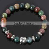 Handmade 8mm Natural Stone Indian Agate Beads Silver Tone Buddha Head Bracelets For Women Men Jewelry