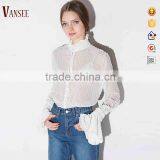 Lady's Long Sleeve Stand Collar Transparent Chiffon Blouse thumbnail-1