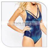 Metallic Foil Snake Print Lattice Women Bodysuit thumbnail-2
