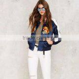 HAODUOYI Women Blue Winter Poppy Writer Bomber Jacket thumbnail-2