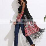 Women Long Sleeve Fashion Beachwear See Through Chiffon Long Fringe Mesh Kimono With Floral Print thumbnail-4