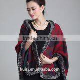 5 Colors New Short Knit Luxury Natural Rabbit Fur Trim Shawl Capes Mixed Color Coat Overcoat for Women Cashmere Pashmina Wraps thumbnail-6