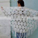 Vintage White Crochet Shawl, Soft Crochet Fringe Wrap, Wedding Shawl Wrap, Bride Shawl Ivory Wedding thumbnail-2