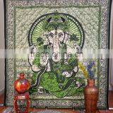 Indian Tapestry Cotton Lord Ganesha Print Green Vintage Wall Hanging Tapestries Throw Spiritual Hinduism Bedsheet thumbnail-1