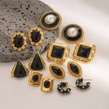 Vintage Stainless Steel Black Stone Stud Earrings Gold Plated Geometric Pearl Earrings Set Women Fashion Jewelry thumbnail-5