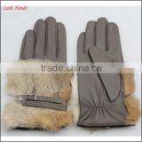 Women's Grey Wholesale Sheepskin Dresses Leather Gloves With Brown Rabbit Fur thumbnail-3