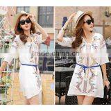 2016 Summer Fashion Women Midi Dresses Ladies Cotton Linen Half Sleeve Ethnic Embroidery Short Frock White Women Dress Model thumbnail-3