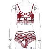 Women Erotic Wine Red Opne Cup Bra Bandage Pants Sexy Woman Cupless Flora Bra Underwear Lingerie Bralett thumbnail-3
