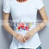 Folk Embroidery Show Thin Asymmetric Hem With Short Sleeves in Summer of Embroidery Tshirts