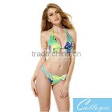 Colloyes 2016 New Sexy Greenish Yellow Floral Triangle Top with Classic Cut Bottom Bikini Swimwear