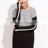 Color Block Drop Shoulder Pockets Sweater Dress Long Sleeve Boat Neck Casual Cotton Blend Sweater thumbnail-3