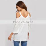 Cut Out White Strap T-shirts Sexy Basic 3/4 Sleeve Women Summer Tops 2017 Cold Shoulder Brief Stretchy V Neck T-shirt thumbnail-3