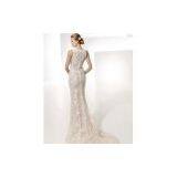 Glamorous Trumpet Mermaid Bateau Neck Chapel Train Lace Front Slit Wedding Dress thumbnail-1