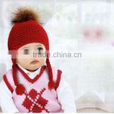 Wool Baby Beanie Hat with Raccoon Fur Pom poms Ball/Earflaps