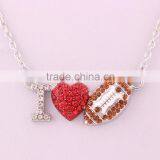 I Love You Silver Crystal Red Heart Football Ball Pendant Necklace
