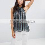 Sleeveless Striped Shirt With Print Chiffon thumbnail-1