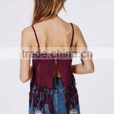 Fringed Plain Wine Red Ladies Plain Crop Top, Spaghetti Strap Cami Fringed Crop Top Wholesale for Ladies. thumbnail-2
