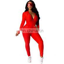 Wholesale Solid Color Hooded Tops and Pants Two Piece Set With Zipper Fall Winter Women's Tracksuit in Multi Colour thumbnail-3