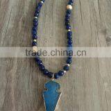 Navy Blue Natural Beads Brushed Gold Beads Mix Strand Necklace Pointed Agate Pendant Necklace thumbnail-1