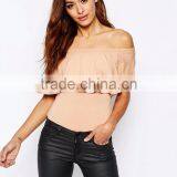 Women Off Shoulder Bodysuit With Ruffle Detail And Thong Plain Flower Hem Sexy Bodysuit thumbnail-2