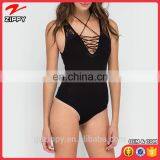 Wholesale Black Stripe Neckline Women Tight Bodysuit