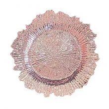 13 Inch Pink Plastic Round Ruffled Rim Dinner Gold Charger Plates With Flora Reef Design for Dinner Wedding Party Decoration
