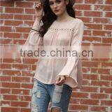 Bell Sleeve Round Neck Shirts Casual Tops Women Sexy Brand Fashion Beach Wear Summer Clothing Ladies Loose Eyelet Blouse B005 thumbnail-3