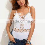 Bodysuits Latest Fashion Design Women Clothing White Spaghetti Strap V Back Crochet Bodysuit thumbnail-3