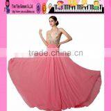 Latest Design V-neck Sleeveless Pink Chiffon Bead Embroidered Evening Dress Sale Floor-Length Bead Embroidered Evening Dress