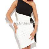 Color Mosaic Shoulder Collar Asymmetric Pleated Sleeveless Slim Package Hip Dress Sub thumbnail-1