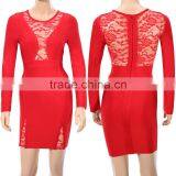 Red Lace Long Sleeve Sexy HL Rayon Bodycon Bandage Dress Sexy Fashion Girl Evening Party Dress thumbnail-1