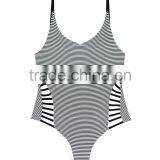 Ladies Black and White Stripe and Side Black Strap One-piece Swimwear thumbnail-3