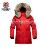 Red outdoor down jacket for winters with fur
