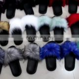 2020 new design wholesale price fox fur solid and rainbow color fashion antiskid soft sole comforter women fur slippers