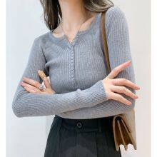 Fall/winter 2021 V-neck Careful Machine Trim Versatile Women's Knit Long Sleeve Shirt thumbnail-2