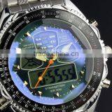 Brand New mens man analog digital alarm blue face stainless steel sport quartz watch