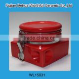 Wholesale red ceramic food container with lid in high quality