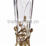 Unique Design Casting Bronze Flowers & Leaves Inlay Crystal Flowr Vase, Decorative Clear Crystal Vase With Brass Base thumbnail-1
